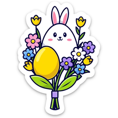 Easter bouquet with spring flowers and Easter egg sticker