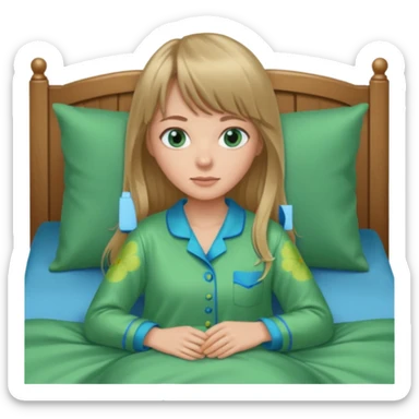 Woman with long dark blond hair and bang woth blue eyes alone in bed  with green pyjama sticker