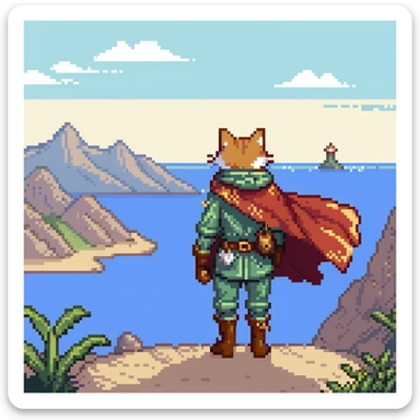 Explorer cat with map, mountain landscape with stars, wearing light explorer outfit with cape blowing in wind, gazing at horizon sticker