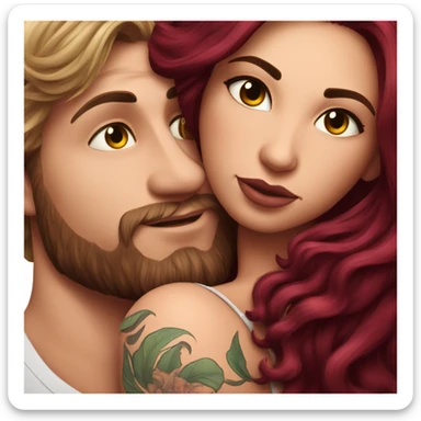 Beautiful tattooed burgundy long haired woman laying on her boyfriends chest sticker