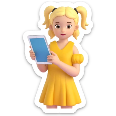 kid holding an iPad, girl with pigtails, yellow dress, looking at the screen sticker