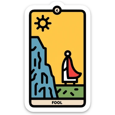 The Fool tarot card with sun in corner and figure near cliff sticker