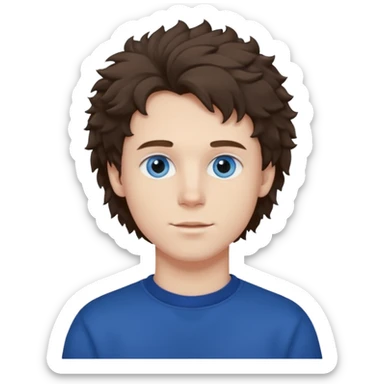 male , blue eyes , pale skin , brunette fluffy hair , dark blue sweatshirt sticker