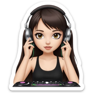 generate a pretty bratz girl in black cami top, dark brown straight long hair with bangs, eyeliner on, djing, fair sticker