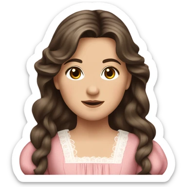 Carrie Ingalls pretty with long dark brown wavy hair realistic and detailed wearing a pink dress sticker