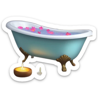 Create a claw-foot bathtub with sparkling water, surrounded by candles and flowers, in a tranquil bathroom. sticker