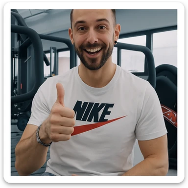 The man in the photo is making the OK gesture with his thumb up, showing an enthusiastic expression, in a gym environment, photorealistic style. sticker