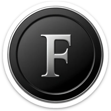 Emoji icon of a black coin with engraved letter F, minimalist style, isolated sticker