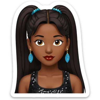 Chilli from TLC with long dark brown ponytail hair, black sequin crop top, black earring, dark skin sticker