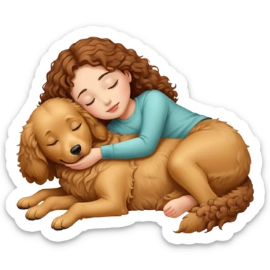 a girl with brown curly hair sleep on a golden retriever dog sticker