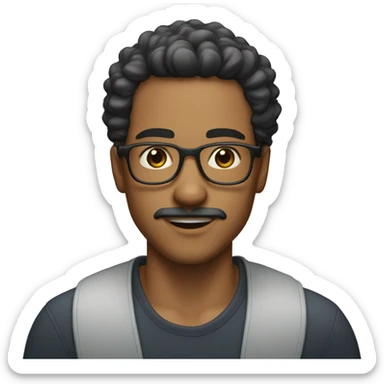 A light skin young man with long curly black hair and long mustache with glasses sticker