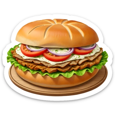 Döner‑Fladenbrot, frisch aufgebacken, leicht geröstet, gefüllt mit saftigem Dönerfleisch, knackigem Salat, Tomaten, Zwiebeln und Kräutersauce. Warme Food‑Fotografie, hohe Details, weiches Licht, Fokus auf Texturen, appetitlich, moderne Restaurant‑Ästhetik, natürliche Farben. sticker