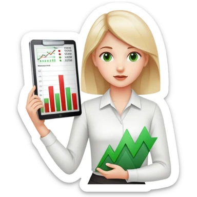 Girl showing financial reports, positive green ascending chart in one hand and negative red descending chart in other hand sticker