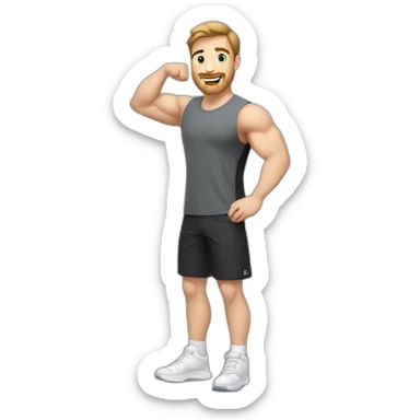 Full height Actively gesturing with hands Pale skinned Fit Man With the biceps and brown hair in dark gray Sleeveless Mike, black oversize sports shorts, watch and white Sneakers sticker