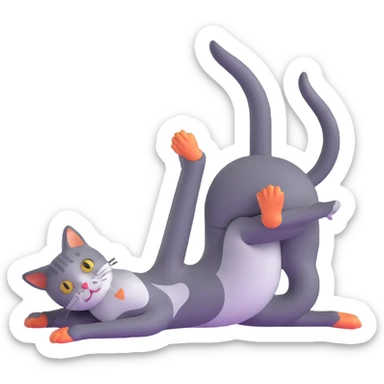 cat doing pigeon yoga pose with one leg bent in front and one leg stretched behind sticker
