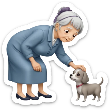 Old woman bent over from waist to floor trying to pick up dog sticker