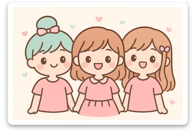 three girl best friends, cute cartoon style, top half of their bodies visible, all wearing pink, smiling, cheerful expressions sticker