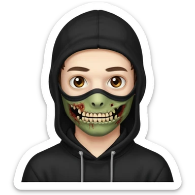 это должен быть юноша, одет в черную худи с балаклавой, глаза цвета хамелион, но более коричневые, выглядит как зомби и еще немного длинные волнистые кудрявые волосы темно коричневого цвета, также добавь темный оттенок на задней фон sticker