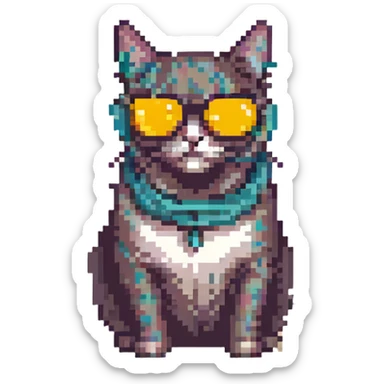 pixel art chill cat with sunglasses, retro style, warm muted colors, subtle grain, nostalgic aesthetic sticker