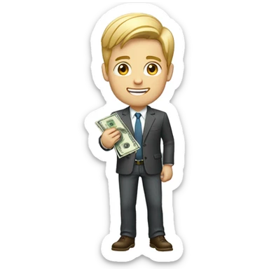 a young  white and with blonde male with money in his right hand. He is dressed with a business casual style sticker