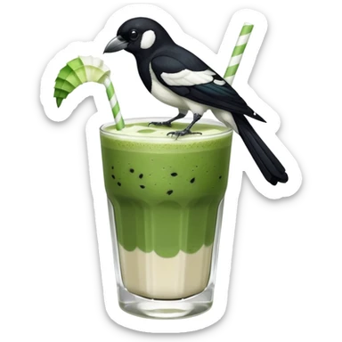  ONE Australien Magpie (just black and white feathers) sitting on an iced matcha latte on the edge of the glass. It has green matcha on its beak indicating it drank. The iced matxha latte is in a see through glass and white from the oat milk on the bottom and green on top… one straw and ice cubes sticker