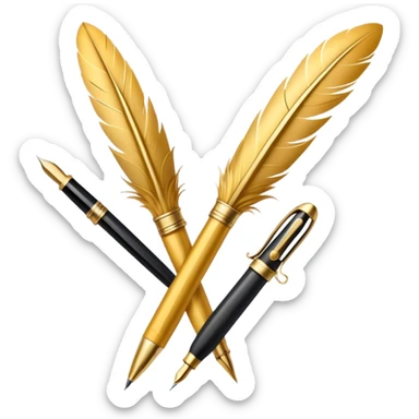 two golden quills with feathers and fountain pen tips crossing in front of each other like an X sticker