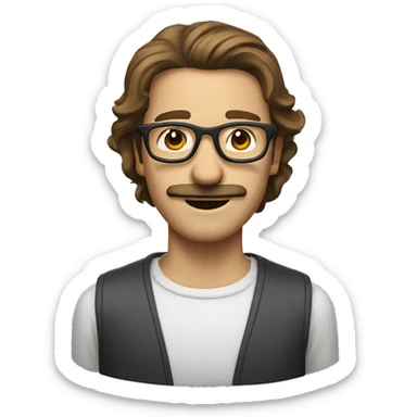 thin guy with shoulder length brown hair and mustache and smile and glasses sticker