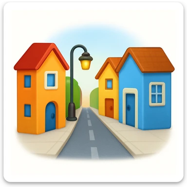 emoji of a small cozy street scene — a narrow road with a sidewalk, a few colorful buildings on the sides, and a streetlight. Soft daylight, clean design, minimal background, cheerful and detailed Apple emoji style sticker