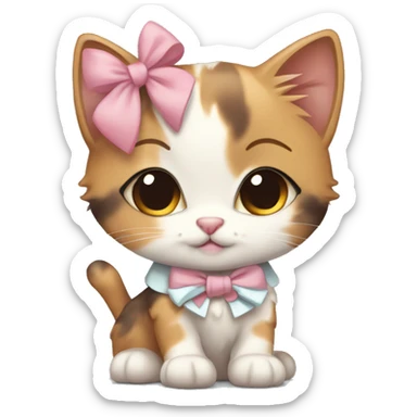 Cute calico kitten sisters wearing bows. One sister with a darker face than the other sticker
