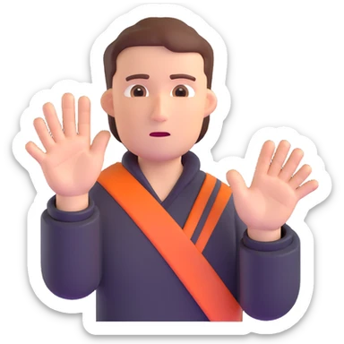 person with one hand out, serious expression, signaling stop sticker