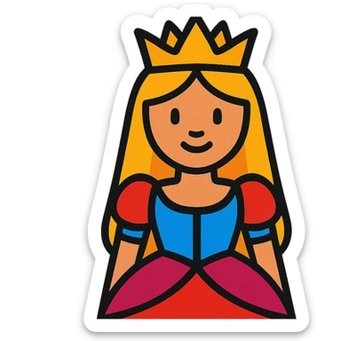 cartoon-style princess emoji with long hair, wearing a golden crown, smiling softly, dressed in a royal gown, vibrant toon style sticker