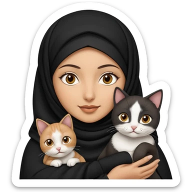 A Arabic woman human with brown eyes and black hijab. , the human is a human, she carry two cat is black and white and the other cath is black and white,,  NO EARS ON THE HUMAN ,  sticker