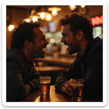 Two friends arguing animatedly in a bar, angry faces, tense atmosphere, hyperrealistic details, 4K resolution sticker