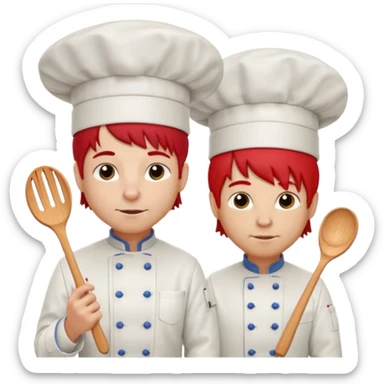 A rat with a fringe, long black hair and chefs and a man with red hair and a chefs hat sticker
