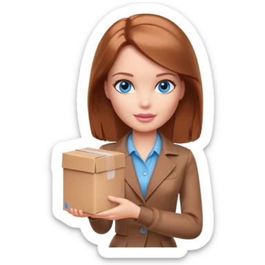 A blue-eyed barbie with shoulder-length reddish-brown hair in brown clothes holds a package box sticker