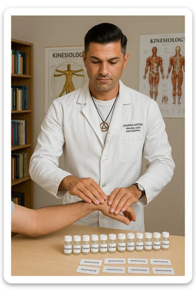 a middle-aged man in a calm, well-lit studio, wearing casual professional attire, performs a classic muscle test on a client’s outstretched arm. On a nearby table, there are small envelopes or vials labeled “testimone” representing samples or objects connected to a distant person. The atmosphere is focused and serene, with books and charts about kinesiological techniques in the background. sticker