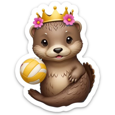 super cute baby otter with a colorful flower band/crown around its head, gentle expression and soft rounded eyebrows, floating on VERY CLEARLY VISIBLE blue water with prominent waves and ripples, baby otter with big sweet eyes holding a volleyball with both small paws above the water sticker