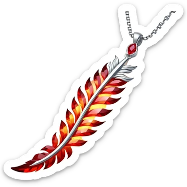 ruby pendant shaped like a phoenix feather, glowing with fiery energy, silver chain undulating magically sticker