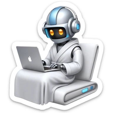Emoji of a remote-working robot in a cozy bathrobe with a laptop. The robot has a sleek helmet-like head with glowing digital eyes. Relaxed yet high-tech vibe. sticker