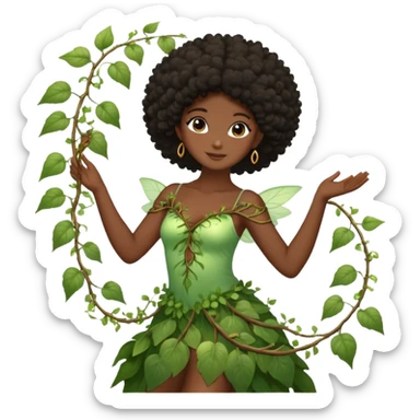 Dreamy nature fairy with brown eyes Afro black hair dark skin touching a vine dancing sticker