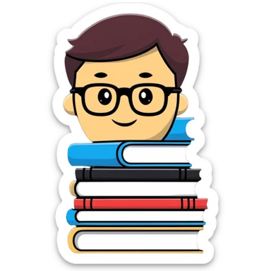 cartoon sticker of an intellectual person with glasses and a stack of books sticker