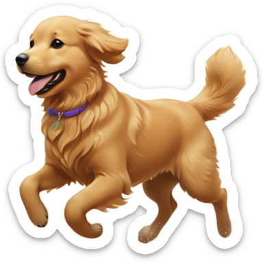 A Golden Retriever running on a beach at sunset, fur blowing in the wind, joyful expression. Motion capture, golden hour lighting, realistic water reflections. sticker