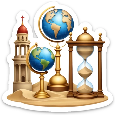icon featuring ancient scrolls, quill pen, and a globe, with famous historical landmarks and monuments in the background. Large, antique sand clocks with sand pouring out represent the passage of time. Historical figures are depicted as statues. Transparent background. sticker