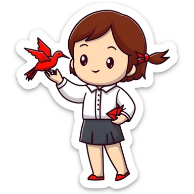 Happy Ukrainian young girl with brown hair in a white embroidered shirt holds an origami red crane sticker