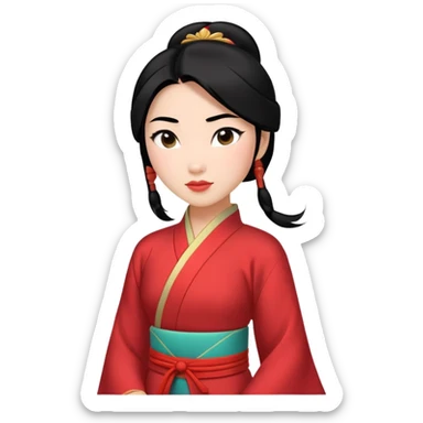 Mulan from hips up, traditional Chinese outfit, black hair, minimal style, larger size sticker