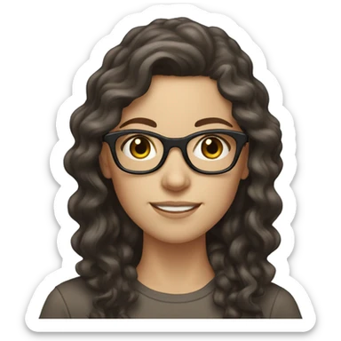 White girl with long curly dark brown hair and glasses sticker