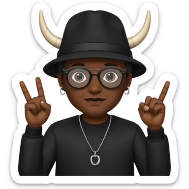 man dressed in black with dark glasses black Lens and a black hat hwo making the horns gesture on each  hands sticker
