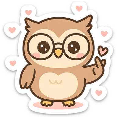 a wise owl with glasses, smiling and holding up the saranghae sign with its wing, cute cartoon style sticker