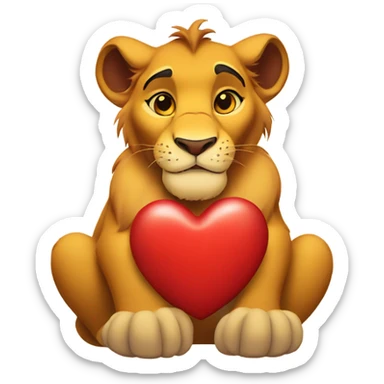 simba from lion king holding a red heart in his paws sticker
