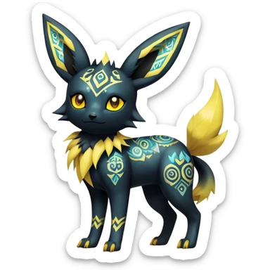 Shiny Exotic Badass Colorful Ethereal Royal Mysterious Gothic Umbreon-Jolteon-Pokémon-Fakémon-hybrid-creature (full body) with pattern-markings sticker